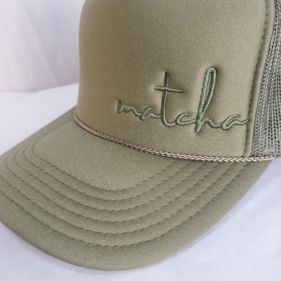 "Matcha" Olive Green Snap Back Mesh Trucker Ball Cap Hat - Barista Collection - Picture 2 of 3